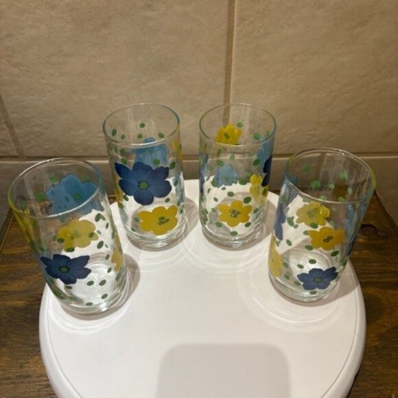Vintage KIG Tumbler Glasses Floral Design Retro Decor Set of 4 5" x 2 3/4" 1960s - Picture 3 of 8